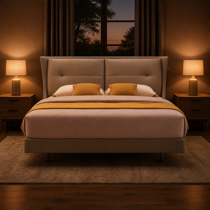 Contemporary Wingback Upholstered <b>Bed</b> Button Tufted Padded <b>Headboard</b> Metal Frame Leather Platform King Size Master Bedroom - Product Image 2