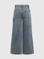 Jean cargo en denim délavé taille haute pour femme, style Y2K, coupe large droite, avec nœud, streetwear vintage uni