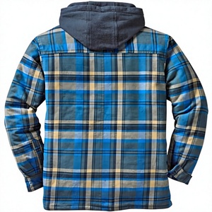 Heavyweight Brushed Cotton Plaid <b>Flannel</b> Shacket with Hood <b>Men</b> Fleece Lined Shirt <b>Jacket</b> Elbow Patch Low MOQ Supplier - Product Image 2