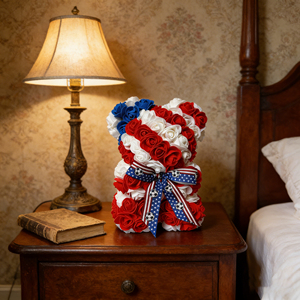 Ours en roses artificielles USA 2026 avec boîte cadeau, fleurs artificielles rouges, blanches et bleues, ours en peluche avec ruban de football étoiles et rayures - Product Image 1