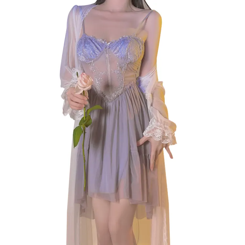 Nuisette et robe de nuit sexy nuisettes avec bordure en dentelle contrastée pour femmes J3302
