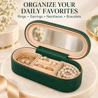 Boîte à bijoux ovale en cuir PU la plus vendue, avec fermeture éclair, multifonctionnelle, portable, miroir intégré, couleur personnalisable, pour boucles d'oreilles et bagues