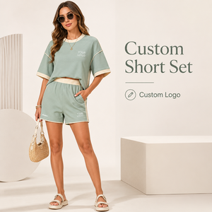 Summer 2 Piece <b>Short</b> Set Women Custom Logo Loose T Shirt And <b>Shorts</b> Outfit OEM - Product Image 1
