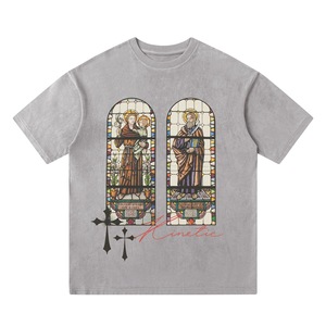 Camiseta de Hombre con Estampado Religioso de Vitral, Cuello Redondo, Manga Corta, Lavada, Estilo Urbano Casual - Product Image 3