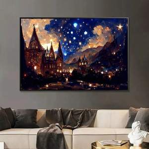 Peinture au diamant acrylique DIY peinte à la main, Château sous ciel étoilé, Nuit romantique, Décoration murale de luxe pour la maison - Product Image 1
