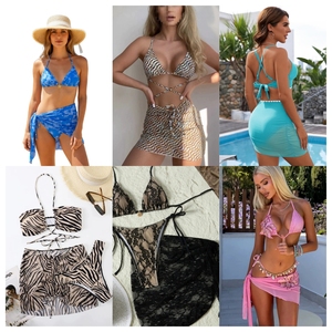 New and Original Women Floral Print <b>Bikini</b> Set Halter Top Asymmetric Skirt Bottom Stretch Swimwear <b>3</b> <b>Piece</b> Spandex Polyester - Product Image 2