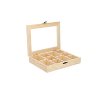 Boîte en bois avec couvercle en verre, 9 compartiments, coffre à thé en pin brut, organisateur de bijoux en bois non fini, vitrine décorative à couvercle articulé