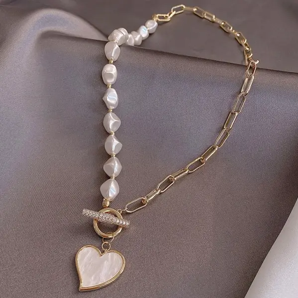 High Quality Luxury Gold Plated Heart Pendant Paperclip Necklace Exquisite Heart Pearl Necklace For Women