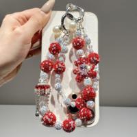 Breloque de téléphone perlée en strass à motif floral rouge, pendentif de sac artisanal lourd, cordon de poignet, cadeau bijoux pour femme