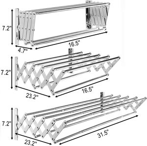 رف مناشف فولاذي مقاوم للصدأ قابل للتمديد والطي للتجفيف، يثبت على الحائط، 80 سم بـ 7 قضبان للحمام والشرفة والداخلي والخارجي - Product Image 1