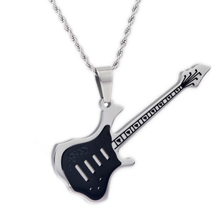 Collar con colgante de guitarra de acero inoxidable, negro con cadena plateada de 55 cm, para hombre, joyería de moda rock punk, regalo, uso diario - Product Image 1