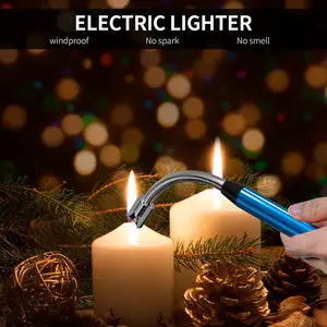 Long Bendable Neck Button Upgraded Lighter USB Lighter Electric Arc Lighter LED Battery Display Safety Switch For Kitchen Candle