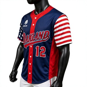 Maillot de baseball Oakland pour homme, manches courtes, rouge, blanc, bleu, motif drapeau américain, numéro 12, col en V, tenue de sport décontractée - Product Image 5