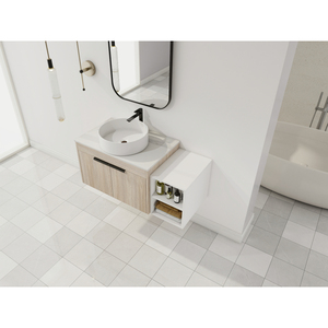 Mueble de Baño Flotante de Diseño Moderno con Lavabo de Cerámica, Encimera de Piedra Blanca, Pequeños Estantes de Almacenamiento y Cierre Suave - Product Image 6