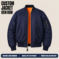 Blouson Bomber Homme Personnalisé Bleu Marine Doublure Orange Fermeture Éclair Intégrale Boutons Pression Col Côtelé Rembourré pour Streetwear Hiver