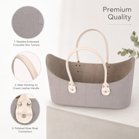 Panier de rangement minimaliste en cuir gris clair durable avec double poignée, multi-usages, texture croco gaufrée pour entrée et chambre