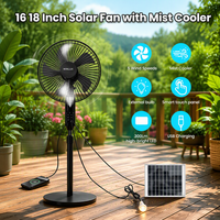 Ventilateur solaire avec brumisateur 16-18 pouces, sortie USB-A, vent multi-vitesses, télécommande pour usage extérieur, projecteur LED