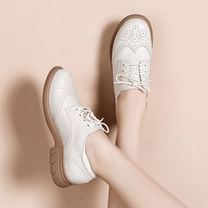 Luxurious <strong>Brown</strong> <strong>Brogue</strong> Leather Flats for <strong>Women</strong> Deep Mouth Soft Bottom Casual Style Top Cowhide Spring British Autumn Winter - Product Image 2