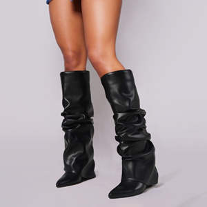 Botas de cuero de alta calidad para mujer, con punta en pico, tacón de aguja, botas largas hasta la rodilla, a la moda, sexys, con tacón de cuña, para exteriores. - Product Image 4