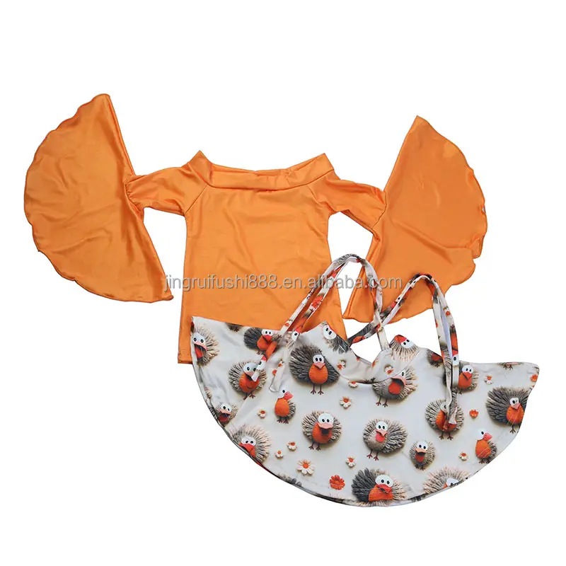 2023 Winter Thanksgiving Baby Girls Clothing Sets Turkey Printed Long Bell-Sleeve Tops & Skirt Two-piece Sets Outfits