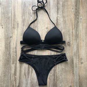 Conjunto de Bikini de Dos Piezas Sexy Negro de un Solo Hombro con Push-Up y Tanga, de Secado Rápido, en Spandex/Poliéster, Opción Personalizada - Product Image 1