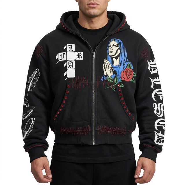 ZhengShan Vintage Black Rhinestone Zip Hoodie Mens Regular Fit Gothic Graphic Streetwear Heavyweight Print ODM Sweatshirt