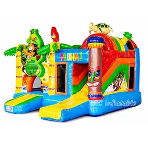 Commercieel Gebruik Populaire Opblaasbare Multi-Play Hawaii Springkasteel Zomeritems Uitsmijter Met Droge Glijbaan Voor Kinderfeestverhuur