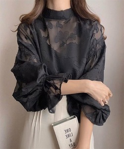 Camisa de Mujer con Cuello Alto, Manga Abullonada, Tejido Floral, Transparente, con Botones, Ecológica, Transpirable, Moda de Verano - Product Image 6