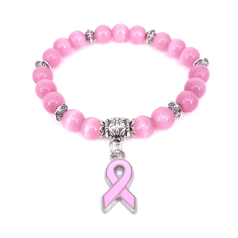 Bracelet à Breloques en Ruban Rose Opale Œil de Chat, Perles de 8mm, 5 Couleurs, Sensibilisation au Cancer du Sein
