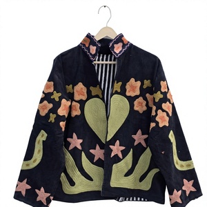 Blouson Bomber en Velours Côtelé Brodé pour Femme, Col Montant, Patchwork Floral, Fermeture Éclair, Vêtement d'Extérieur Décontracté pour le Streetwear - Product Image 3