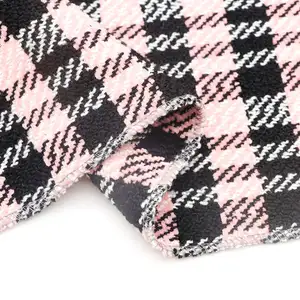 Fashion Luxury Pink Checked Polyester Overcoat Material Woven Tweed Fabric