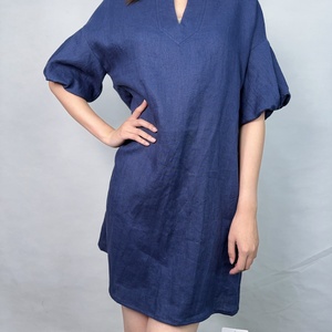 Vestido de Lino Personalizado para Mujer, Estilo Casual, Manga Corta, Largo Medio, Color Azul Verano - Product Image 6
