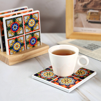 Sous-verres carrés en céramique écologiques imprimés UV personnalisés, 10 cm, 7 mm d'épaisseur, dos en liège, motifs floraux bohèmes pour la maison et la cuisine