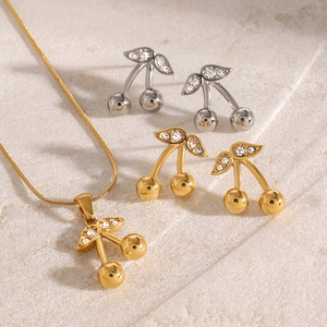 Yueli <b>Cherry</b> Pendant <b>Necklace</b> Stainless Steel Zircon Fruit Design Gift Jewelry Set - Product Image 2