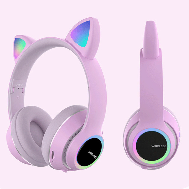 Cute Cat LED Wireless Headphones with Mic TF Card MP3 Bluetooth Headset for Kids Girls Earbuds Kitten Helmet Earphone Music