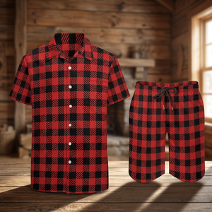 Ensemble chemise et short décontracté pour homme, col en V, à manches courtes, plissé, respirant, séchage rapide, idéal pour la plage, design personnalisé - Product Image 1