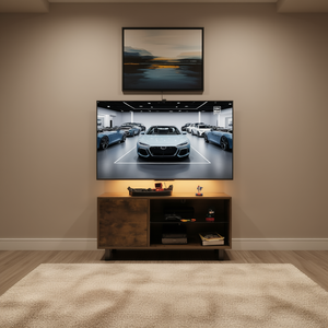 Console TV en bois rustique brun et verre avec rangement à ouverture par pression pour téléviseurs jusqu'à 65 pouces Modèle D0100HPIK9V pour salon et chambre à coucher - Product Image 2