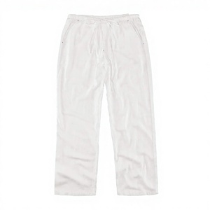 <b>Men</b> <b>White</b> Cotton Casual Straight Leg Pants Elastic Waist Drawstring Closure Lightweight Summer <b>Trousers</b> - Product Image 1