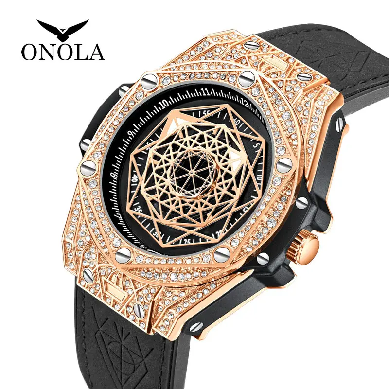 ONOLA jam tangan pria desain unik 3815 jam tangan merek mewah Bling Hip Hop berlian jam tangan pria pergelangan tangan