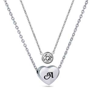 Collier double couche en forme de cœur avec pendentif diamant en acier inoxydable pour femme, bijou cadeau - Product Image 1