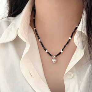 S925 Sterling Silver <b>Black</b> Spinel <b>Heart</b> Necklace With Crystal Beads Clavicle Chain Everyday Wear - Product Image 1