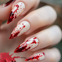 Faux ongles courts en amande à presser pour Halloween, motif sang rouge, fantôme, chauve-souris, citrouille, toile d'araignée, feuille d'érable, réutilisables