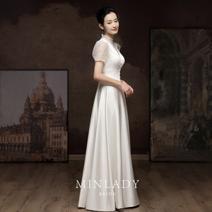 Minlady Bride White Satin Sheath Wedding Dress High Neck Short Sleeve Vintage Style For Brides - Product Image 4