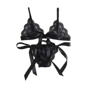 Conjunto de lencería sexy de encaje para mujer, azul real, 3 piezas, con detalle de lazo, ropa interior de satén - Product Image 5