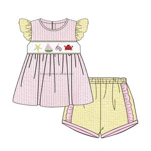 Puresun summer girls boutique clothes crab ricamo seersucker girls clothing set nuovo design smocked baby girl clothes - Product Image 2