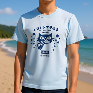 T-shirt SCOPY Nekonoshima Ramune con stampa gatto a maniche corte unisex azzurro - Product Image 3