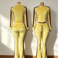 Ensemble de survêtement en velours pour femmes Y2K personnalisé, veste à fermeture éclair rose à rayures, pantalon évasé à taille basse avec cordon de serrage, 2 pièces