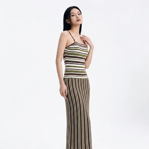 Robe d'été décontractée en tricot ajouré personnalisée, ensemble débardeur et jupe longue, palette vert-marron-moutarde pour femme - Product Image 3