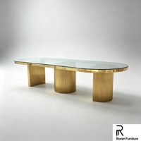 Table de banquet ovale de luxe pour mariage, base en acier inoxydable, plateau en verre transparent, table durable pour mariage, hôtel, événement, fête, décoration