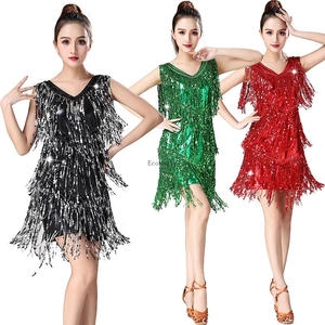 Vestido <span class=keywords><strong>latino</strong></span> de lentejuelas con cuello en V Sexy, ropa para mujeres adultas y niñas, Ropa de baile Halter, traje de baile de salón femenino para competición de escenario - Product Image 1